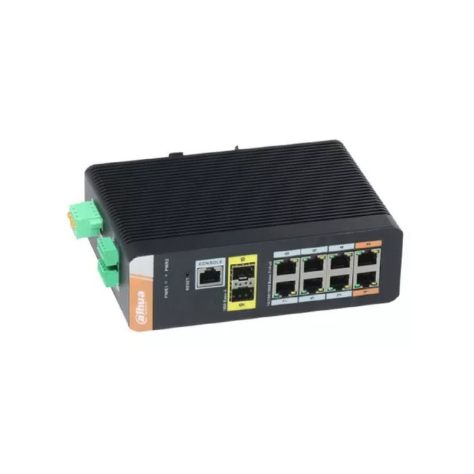 DAHUA Switch Industrial 8 Puertos POE Giga, 120w, RS232, RS485, 2SFP. Montaje en Riel DIN - PFS4210-8GT-DP
