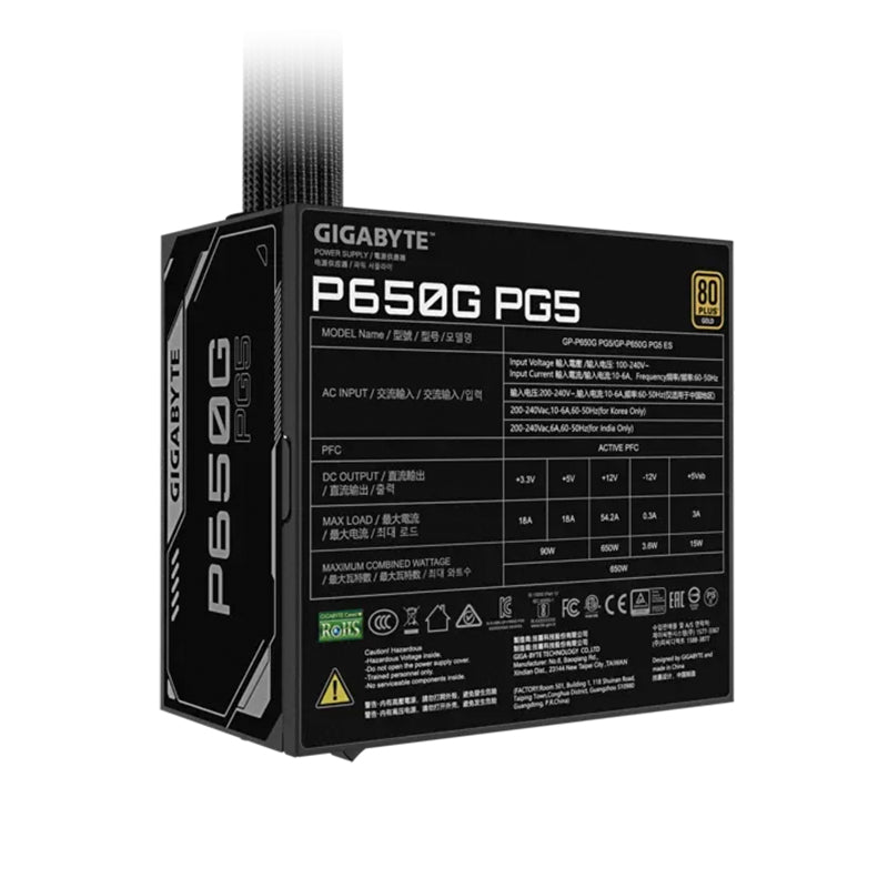 Fuente de alimentacion GIGABYTE P650G PCIE 5.1, 650W, 80 Plus Gold