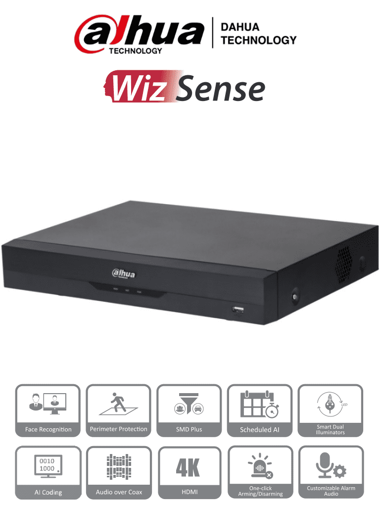 DAHUA XVR5116H-4KL-I3  Grabador XVR 16 canales 4K 16ch+16ch IP. Soporta 1HDD hasta 10TB. Analítica WIZSENSE