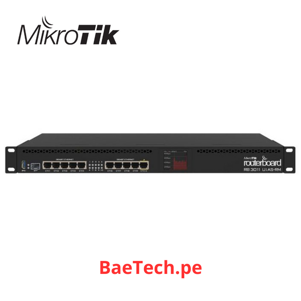 MIKROTIK - RouterBOARD CPU 2 Núcleos, 10P Gigabit Ethernet, 1P SFP, 1 GB Memoria, Licencia Nivel 5, Montaje Rack -RB3011UiAS-RM