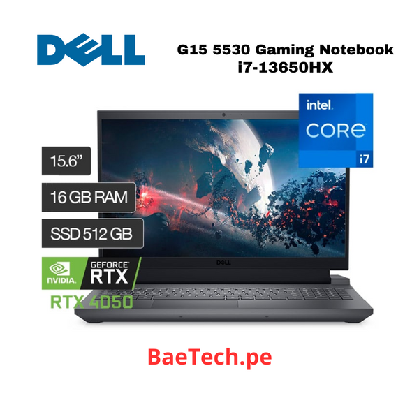 Laptop para videojuegos - Dell G15 5530 (15.6") - Intel Core i7-13650HX 14 núcleos - 16GB Total RAM - 512GB SSD - Negro - Intel Chip - Windows 11 Home - NVIDIA GeForce RTX 4050 con 6GB - Español Teclado