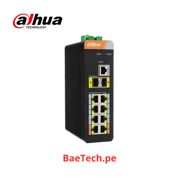 DAHUA Switch Industrial 8 Puertos POE Giga, 120w, RS232, RS485, 2SFP. Montaje en Riel DIN - PFS4210-8GT-DP