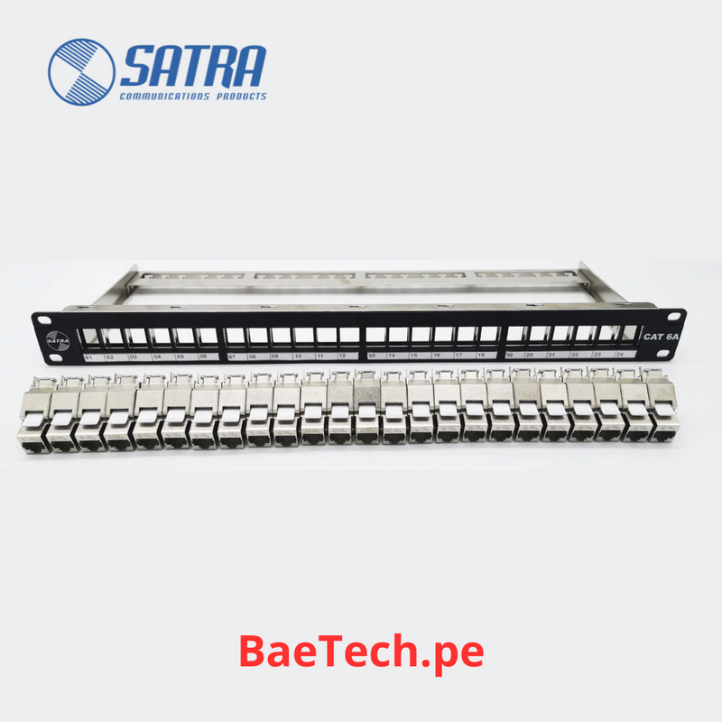 Patch panel Cat 6A 24 puertos modular SATRA 0103022499 Panel de conexion blindado Cargado con jacks