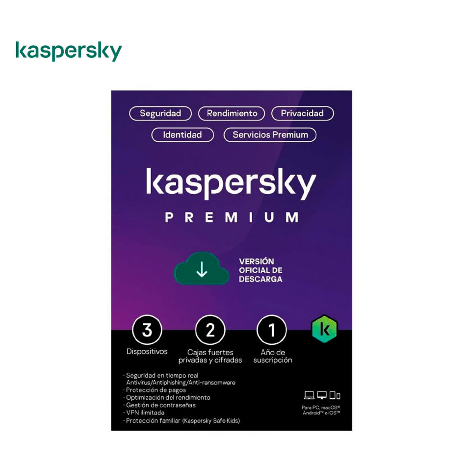 Antivirus Digital Kaspersky Premium, 3 dispositivos, 1 año