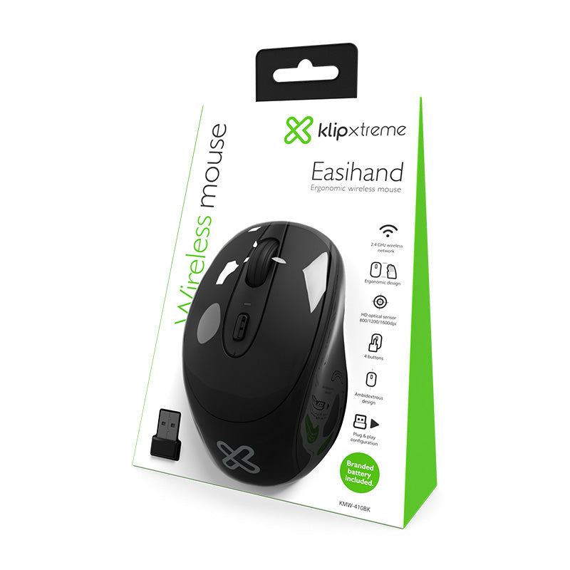klip Xtreme Mouse inalámbrico ergonómico de 4 botones - KMW-410BK Negro.