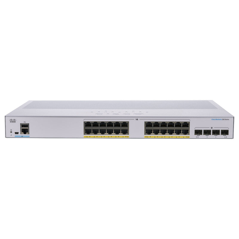 Conmutador Ethernet Cisco 250 CBS250-24FP-4G 24 Puertos Gestionable - 2 Capa compatible - Modular - 4 Ranuras SFP - 370W Rendimiento PoE - Fibra Óptica, Par trenzado - PoE Ports