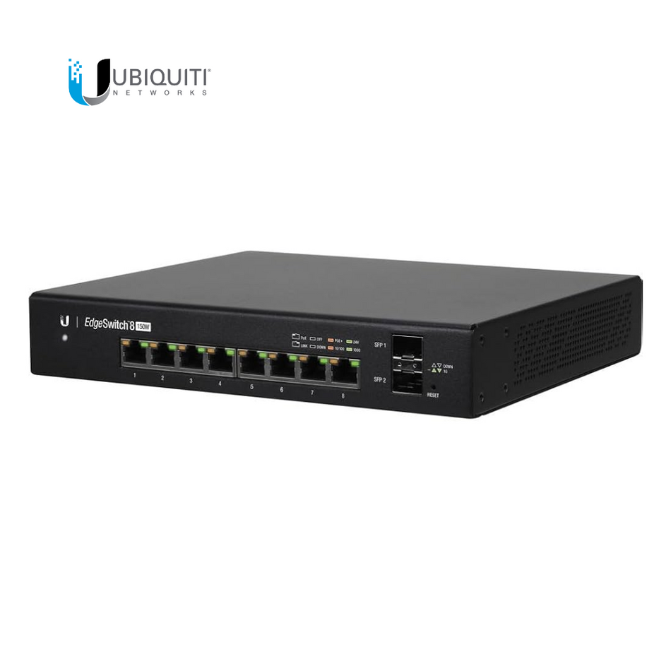 UBIQUITI ES-8-150W SWITCH EDGEMAX ADMINISTRABLE DE 8 PUERTOS GIGABIT CON POE+/POE PASIVO 24V + 2 PUERTOS SFP, 150W