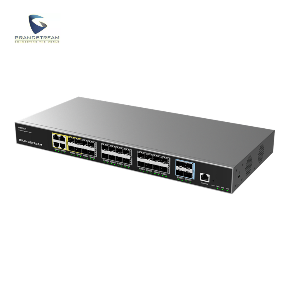GRANDSTREAM GWN7831 - SWITCH DE AGREGACIÓN ADMINISTRABLE CAPA 3, 4 PUERTOS COMBO, 24 PUERTOS GIGA SFP Y 4 PUERTOS 10 GIGA SFP+, 1 PUERTO DE CONSOLA