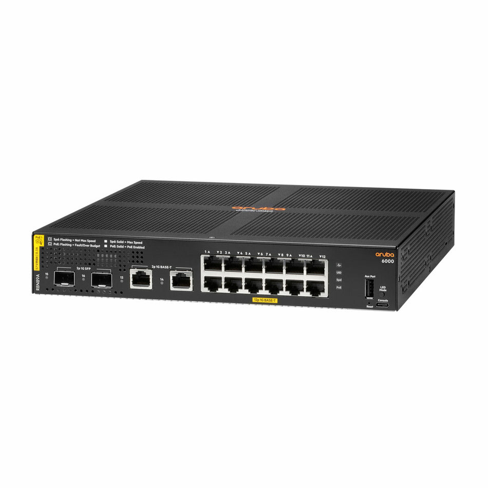 Switch HPE Aruba Networking 6000, 12G, Clase 4 PoE 2 G/2 SFP, 139 W