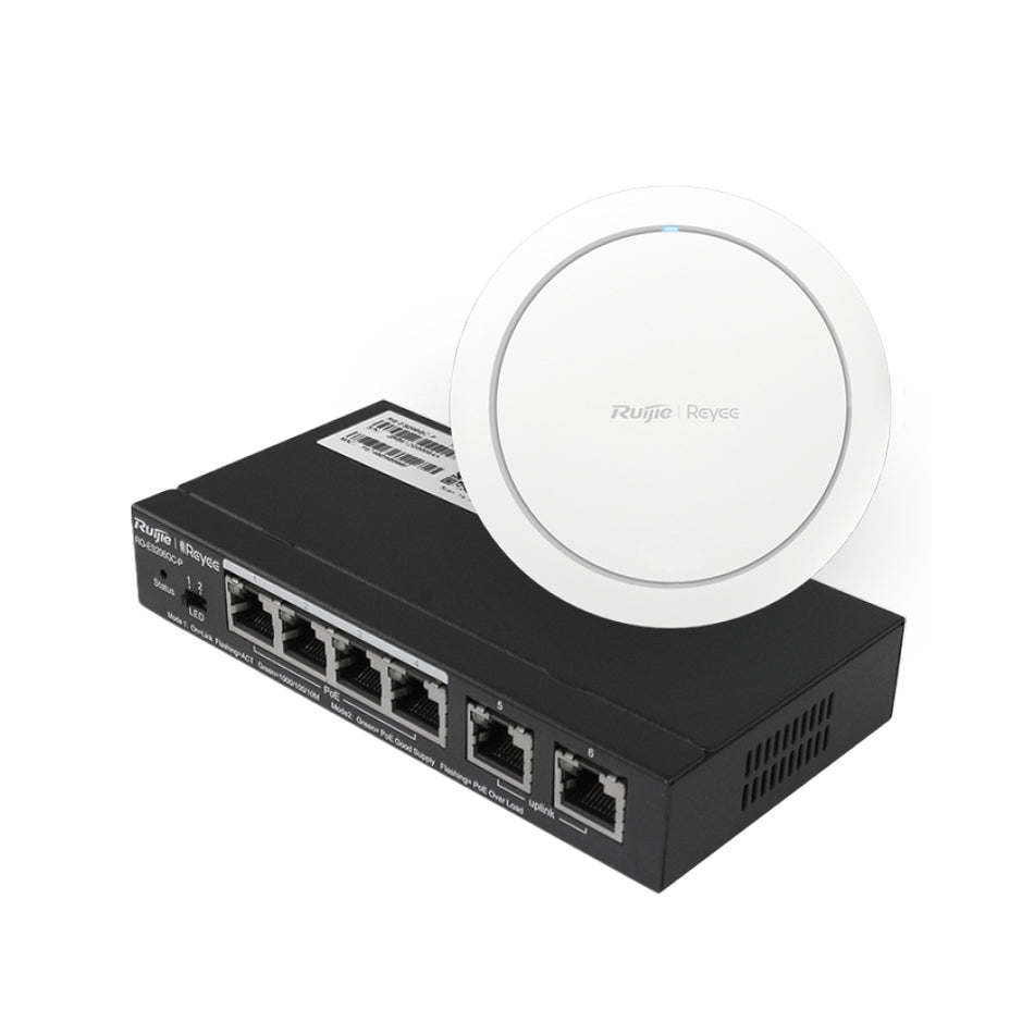 COMBO RUIJIE Switch Smart, administrable web,4 puertos RJ45 1Gbps Poe/Poe+ 54W con 2 puertos uplink Gigabit RJ45, caja de acero de escritorio + AP Wi-Fi 6 modelo RG-RAP2266 Combo