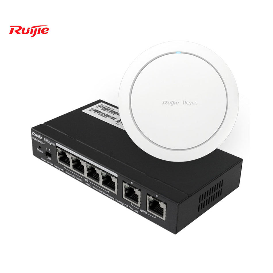 COMBO RUIJIE Switch Smart, administrable web,4 puertos RJ45 1Gbps Poe/Poe+ 54W con 2 puertos uplink Gigabit RJ45, caja de acero de escritorio + AP Wi-Fi 6 modelo RG-RAP2266 Combo