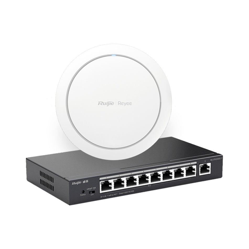 RUIJIE Switch Smart, administrable web,9 puertos RJ45 1Gbps, Poe/Poe+ 120W, caja de acero, de escritorio + AP Wi-Fi 6 Modelo RG-RAP2266 Combo