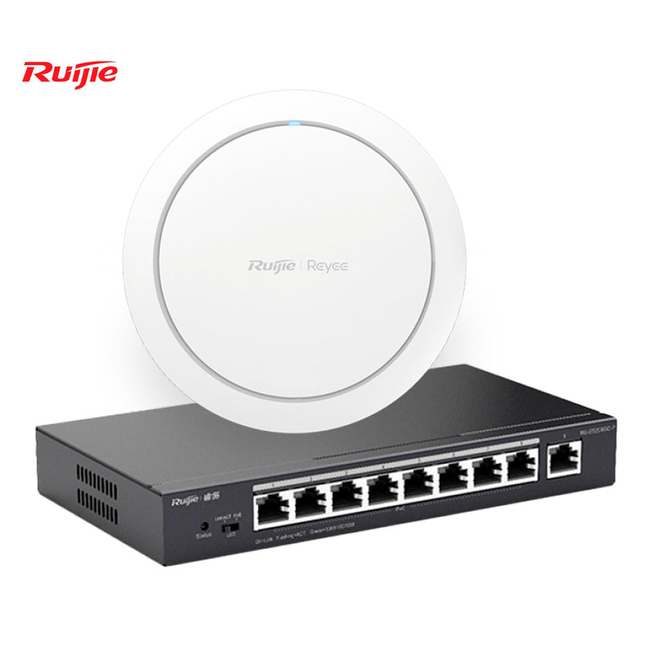 RUIJIE Switch Smart, administrable web,9 puertos RJ45 1Gbps, Poe/Poe+ 120W, caja de acero, de escritorio + AP Wi-Fi 6 Modelo RG-RAP2266 Combo