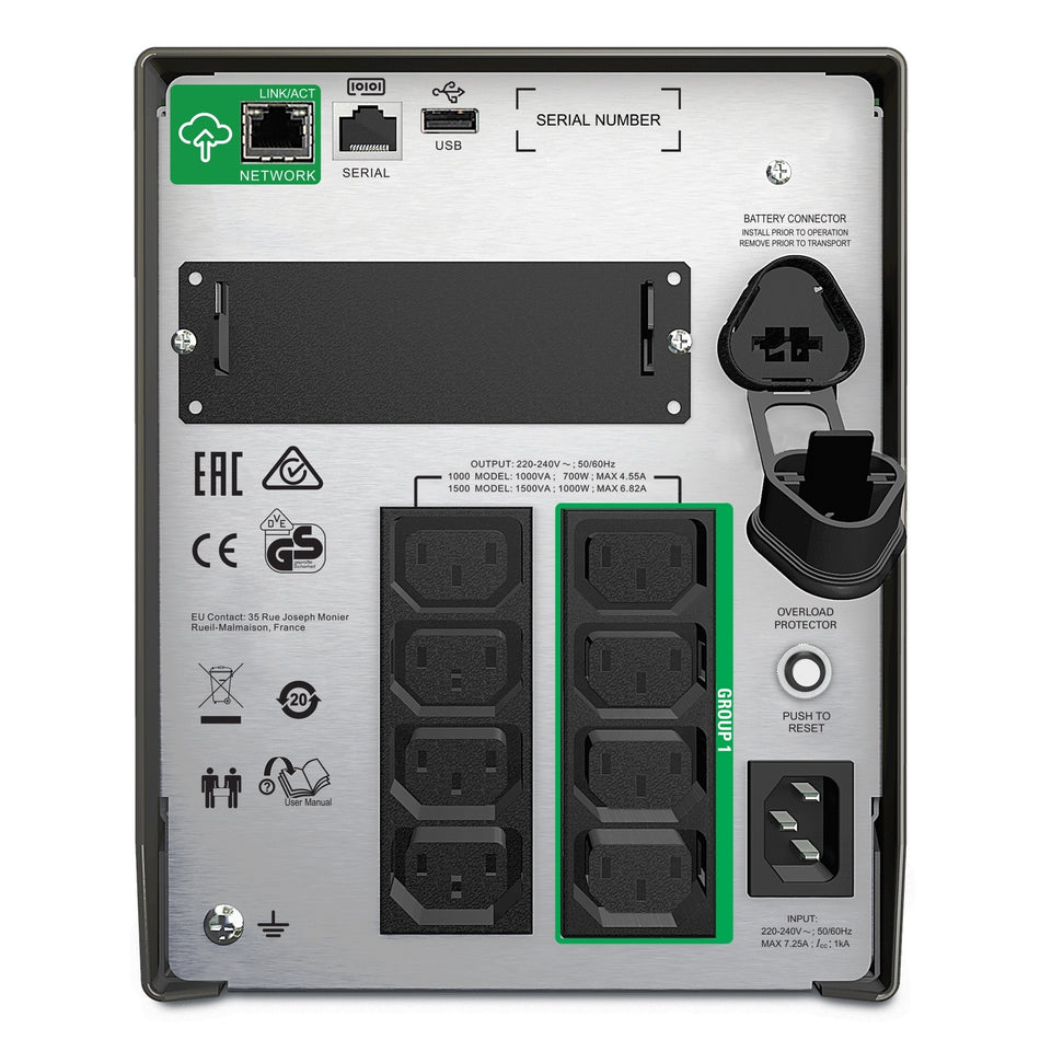 APC Smart-UPS, Línea Interactiva, 1500VA, Torre, 230V, 8x IEC C13 salidas, Puerto SmartConnect+SmartSlot, AVR, LCD