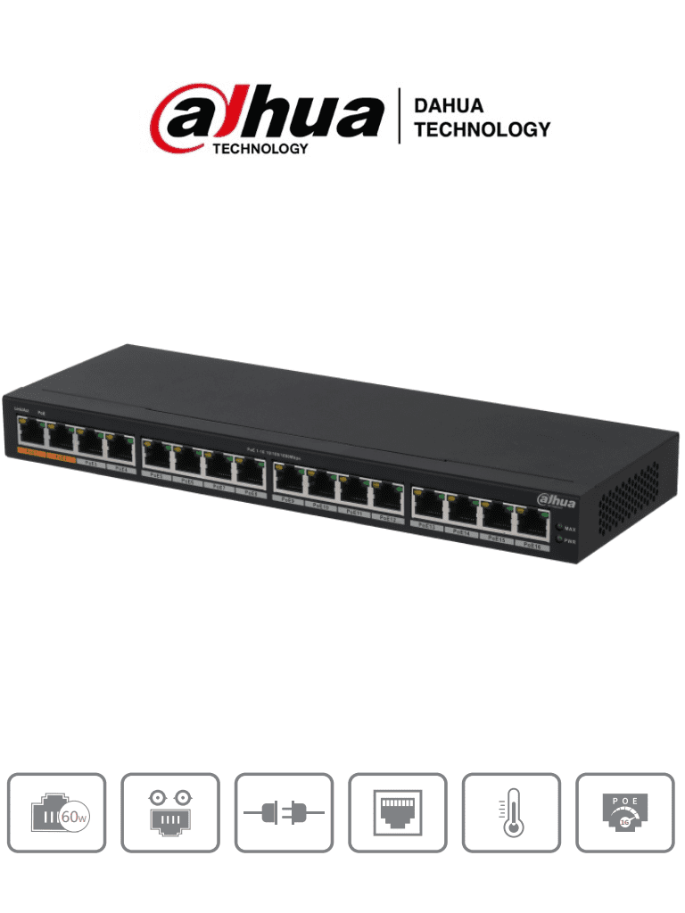 DAHUA PFS3016-16GT-190 - SWITCH PoE | 16 PUERTOS PoE - GIGABIT | 802.3af/at, HiPoE | 10/100/1000Mbps | 190W