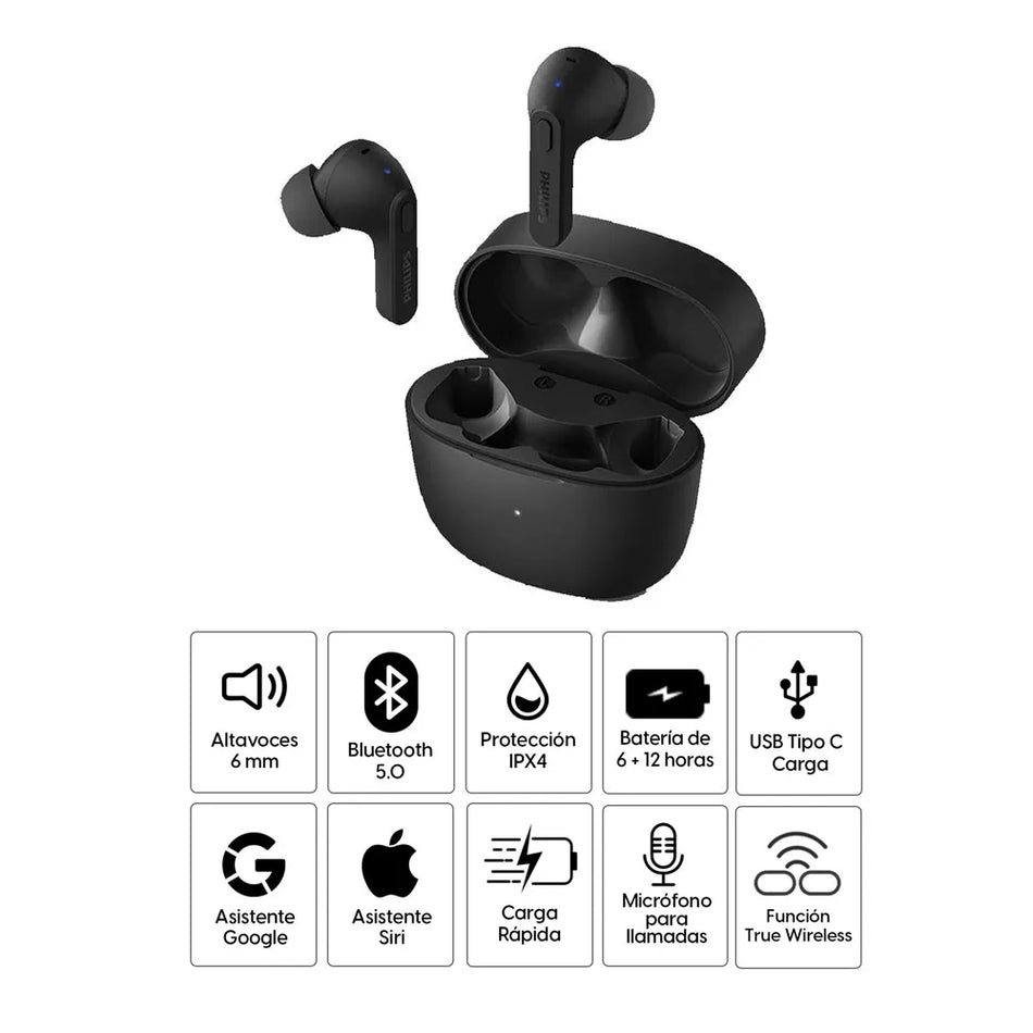 AURICULARES CON MICRÓFONO. PHILIPS TRUE INALAMBRICO TAT2206BK BT 18H IPX4 USB-C NEGRO