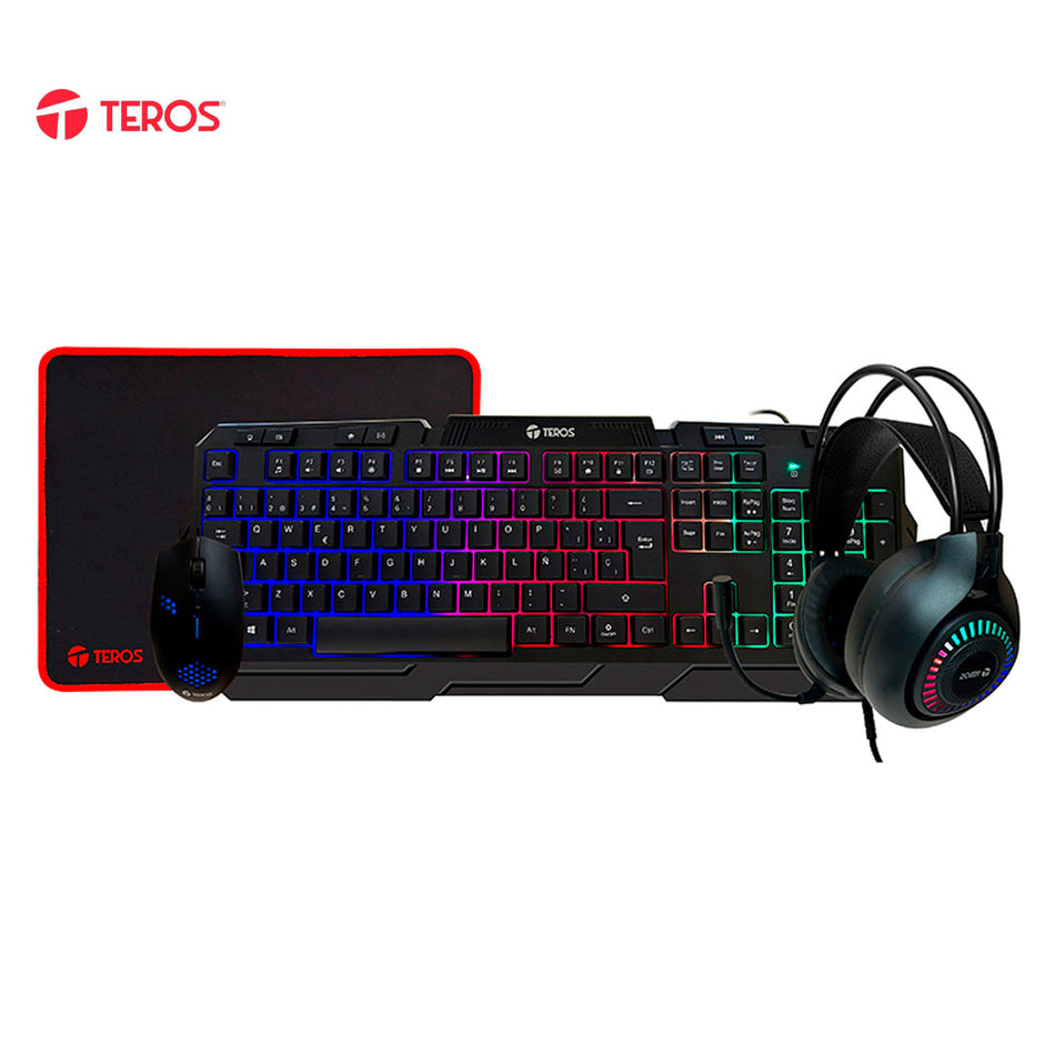 Kit gamer TEROS TE-4063N, teclado multimedia, mouse, auricular, mouse pad