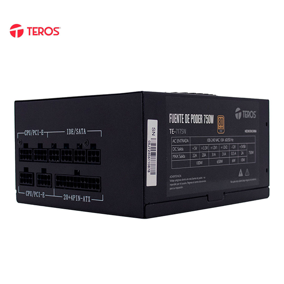 Fuente de alimentación TEROS TE-7175N ATX 750W 80 Plus Gold 100V-240VAC CERTIFICADA