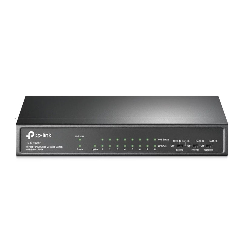 Switch de 9 puertos a 10/100Mbps con 8 puertos PoE+ TP LINK TL-SF1009P 65W hasta 250m en modo extendido