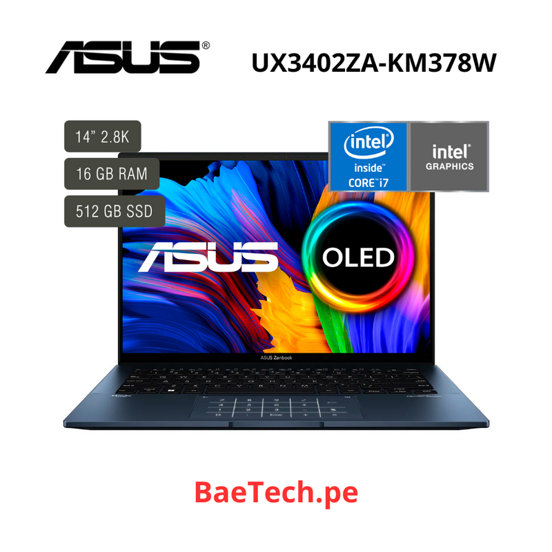 LAPTOP ASUS ZENBOOK 14 OLED UX3402ZA-KM378W 14' - INTEL CORE I7-1260P - 16GB TOTAL RAM - 512GB SSD - WINDOWS 11 HOME