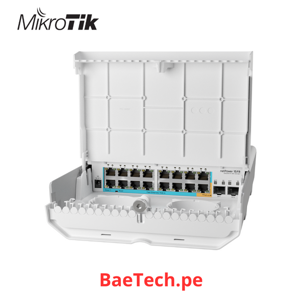 MIKROTIK NETPOWER 15FR - CRS318-1FI-15FR-2S-OUT WITH 800MHZ CPU, 256MB RAM, 16 X 10/100MBPS ETHERNET PORTS (15 WITH REVERSE POE-IN, 1 WITH POE-OUT), 2 X SFP, ROUTEROS L5 OR SWITCHOS (DUAL BOOT), OUTDOOR