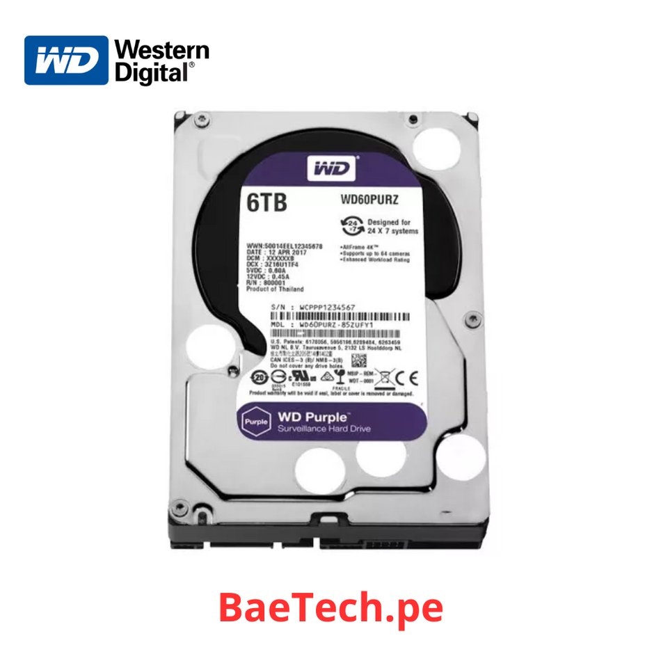 Disco duro Purpura 6TB WESTERN DIGITAL WD60PURZ Almacenador de datos 3.5" 5400RPM 64MB. Para equipos de video vigilancia (Industrial 24/7)