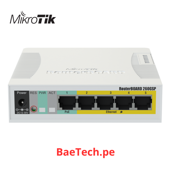 MIKROTIK RB260GSP - Switch Mikrotik 5 puertos PoE (Pasivo) (1in/4out) Gigabit Ethernet y 1 SFP