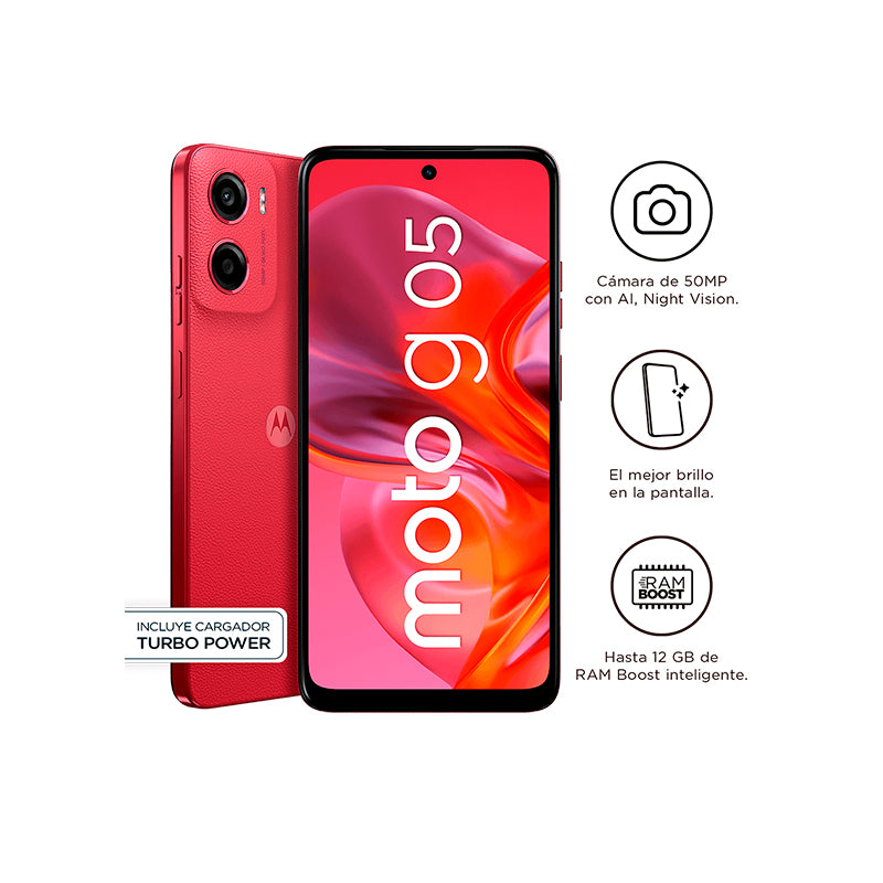 Celular Motorola moto g05, Pantalla: 6.7"/LCD/HD+/90Hz, SO: Android 15, Color Rojo