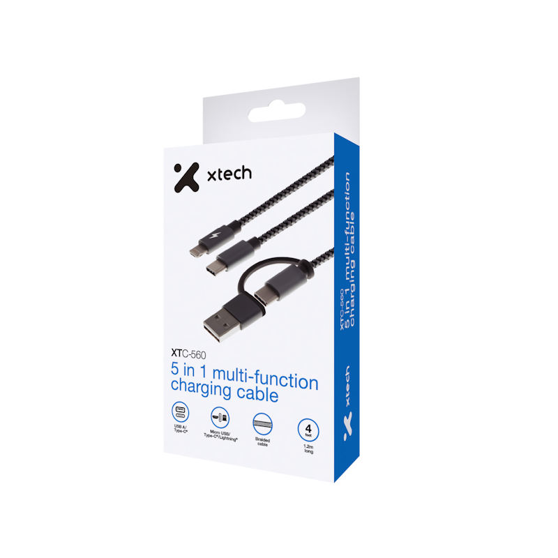 Xtech XTC-560 Cable multifuncional para carga 5 en 1 USB tipo-A y USB Tipo-C