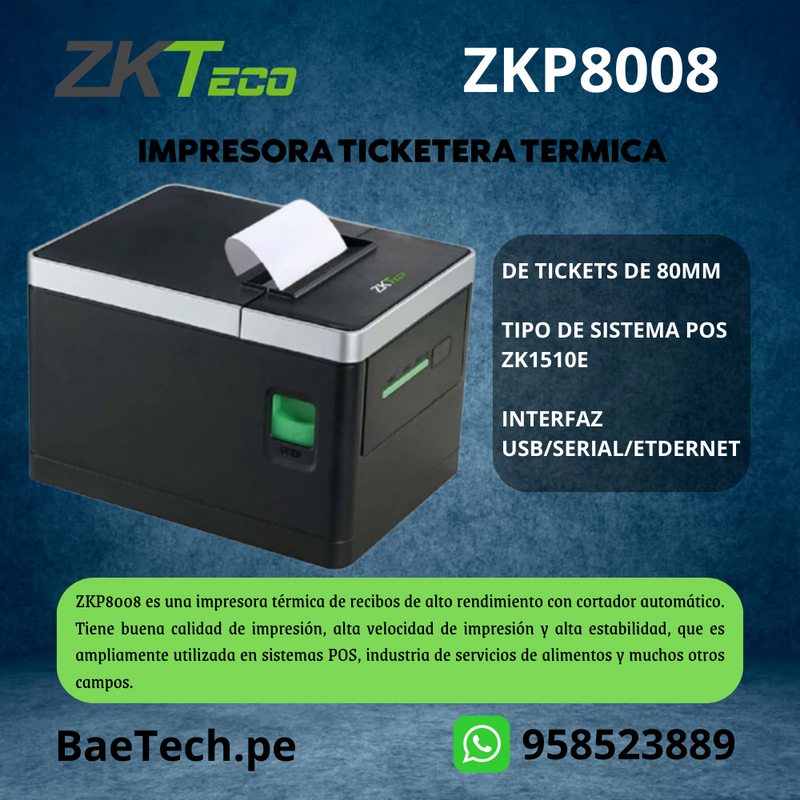 ZKTECO ZKP8008 - IMPRESORA TICKETERA TERMICA 80MM 300MM/S USB/SERIAL/ETHERNET