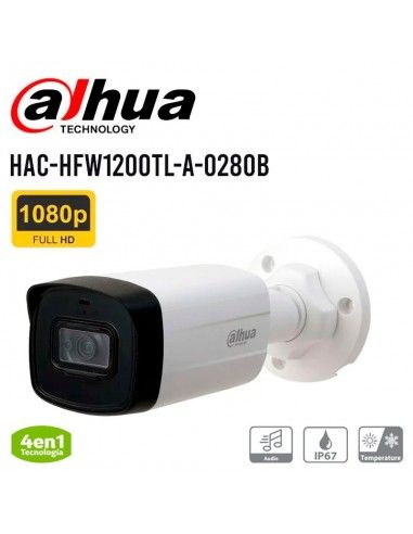 Camara de vigilancia 2MP DAHUA HAC-HFW1200TL-A-0280B tubo HDCVI FULL HD microfono incorporado IR 80mts plastico
