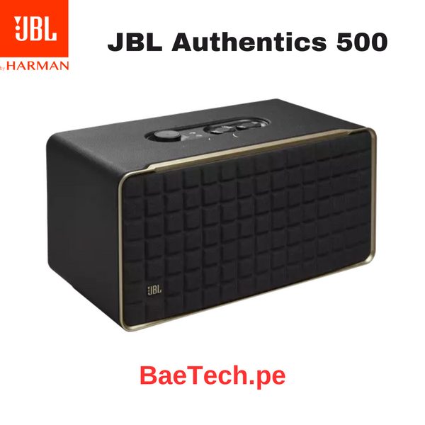 Parlante JBL Authentics 500 - inteligente de alta fidelidad y diseño retro, con Wi-Fi, Bluetooth y asistentes de voz.