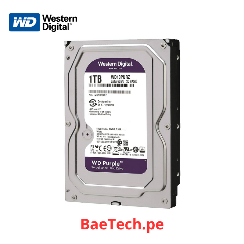 Disco duro Purpura 1TB WESTERN DIGITAL WD10PURZ almacenador de datos 3.5" 5400RPM 64MB. Para equipos de video vigilancia (industrial 24/7)