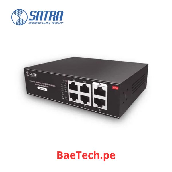 Switch de 6 Puertos Giga Ethernet con 4 puertos PoE+ SATRA 1403010000. Conmutador no administrable. Hasta 30w. Carcasa de metal. Incluye cable poder y accesorio para fijar en pared