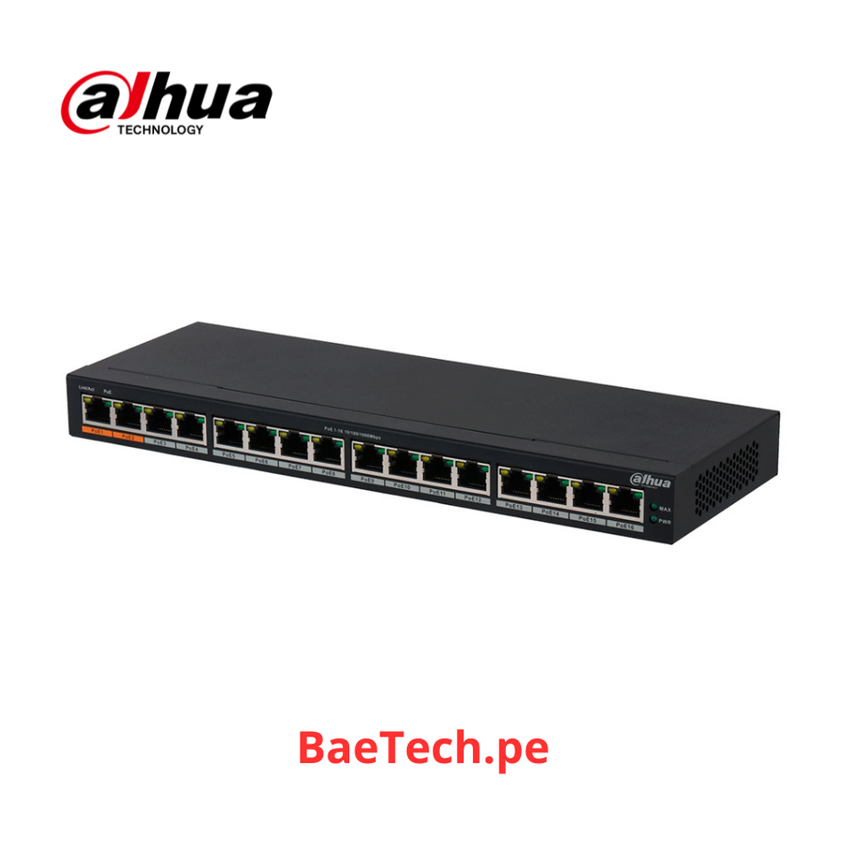 DAHUA PFS3016-16GT-190 - SWITCH PoE | 16 PUERTOS PoE - GIGABIT | 802.3af/at, HiPoE | 10/100/1000Mbps | 190W