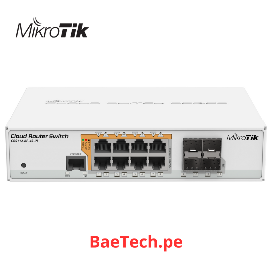 MIKROTIK CRS112-8P-4S-IN - CLOUD ROUTER SWITCH ADMINISTRABLE L3, 8 PUERTOS 10/100/1000 MBPS C/POE PASIVO Ó 802.3AF/AT, 4 PUERTOS SFP