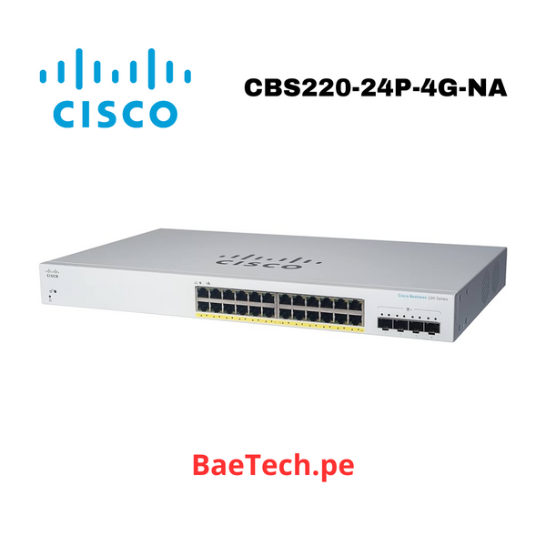 CISCO - Conmutador Ethernet - 24 Puertos Gestionable - 2 Capa compatible - Modular - 4 Ranuras SFP - 195W Rendimiento PoE - Fibra Óptica, Par trenzado - PoE Ports - CBS250-24P-4G-NA
