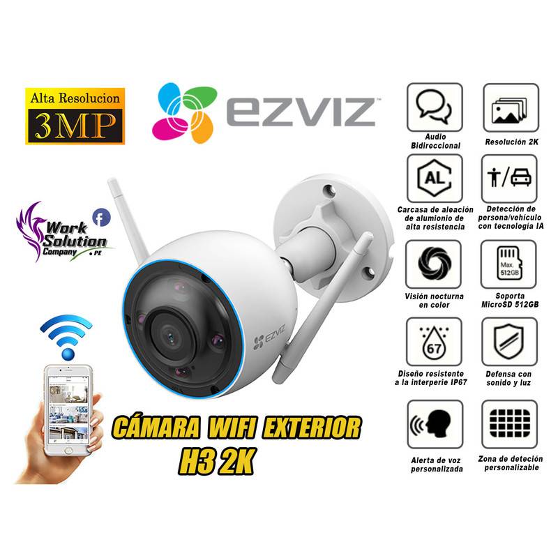Camara de vigilancia wifi inalambrico EZVIZ H3 IP IA tubo 2K 3mp uso hogar exterior parlante y microfono incorporado vision nocturna 30m- CS-H3-R100-1H3WKFL