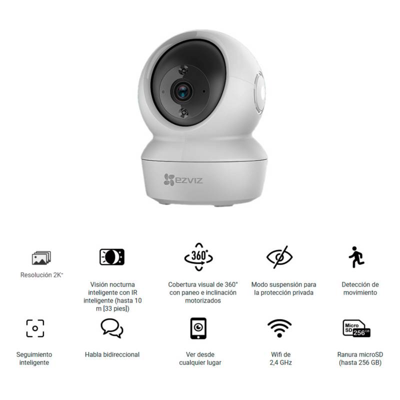 Camara de vigilancia wifi inalambrico EZVIZ H6C IP PT IA 360 2K 4mp uso hogar interior parlante y microfono incorporado vision nocturna 10m seguimiento automatico - CS-H6C-R100-8B4WF