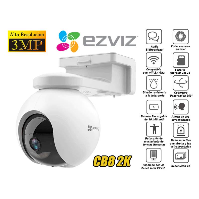 Camara de vigilancia Wifi inalambrico EZVIZ CB8 IP IA PT 360 con bateria 2K 3mp uso hogar exterior microfono y parlante incorporado disuacion sirena y luz- CS-CB8-3MP