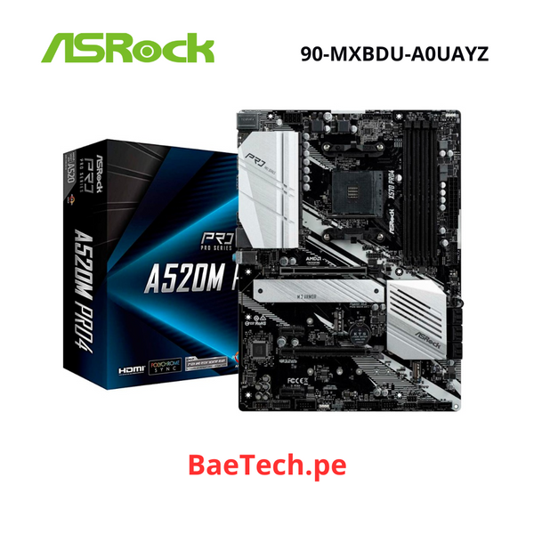PLACA MADRE ASROCK A520M-PRO 4, PARA PROCESADORES AMD RYZEN AM4, 4 RANURAS DE MEMORIA DDR4 HASTA 64GB BUSS 4733+OC, G4000 3000 5000 (90-MXBDU-A0UAYZ)