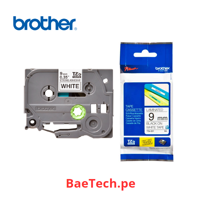 Cinta Brother TZE-221 Negro sobre Blanco 9mm