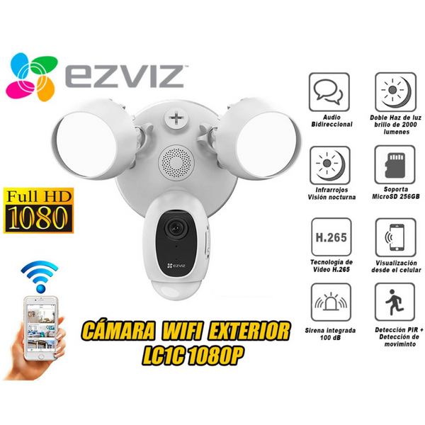 Camara de vigilancia Wifi inalambrico EZVIZ LC1C IP con reflector full hd 2mp 1080 vision nocturna 25m uso hogar exterior microfono y parlante incorporado alerta pir y sirena - CS-LC1C-A0-1F2WPFRL