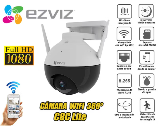 Camara de vigilancia wifi inalambrico EZVIZ C8C IP PT IA 360 2mp 1080 full hd uso hogar exterior parlante incorporado vision nocturna 30m - CS-C8C-A0-1F2WF