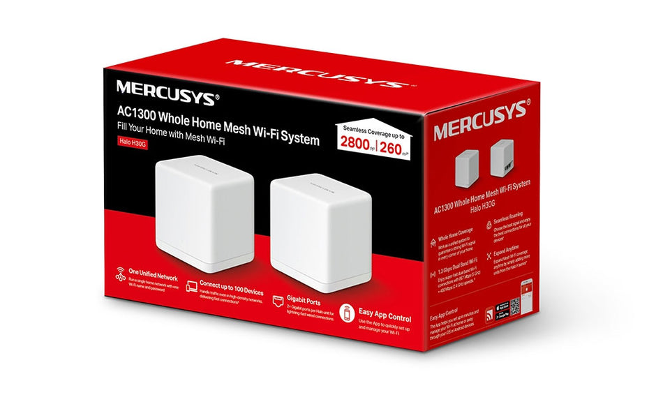MERCUSYS HALO H30G-2 - SISTEMA WI-FI MESH AC1300 PARA HOGAR DE DOBLE BANDA HASTA 1900MBPS 02X10/100/1000