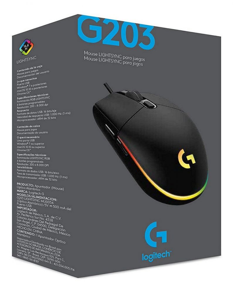 MOUSE ÓPTICO LOGITECH G203 LIGHTSYNC 8000 DPI RGB NEGRO (910-005790)