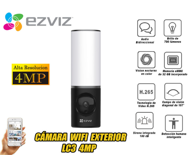 Camara de vigilancia wifi inalambrico EZVIZ LC3 IP IA con lampara de pared inteligente 2k 4mp uso hogar exterior microfono y parlante incorporado - CS-LC3-A0-8B4WDL