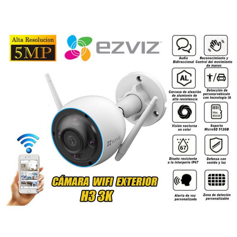 Camara de vigilancia wifi inalambrico EZVIZ H3 IP IA tubo 3K 5mp uso hogar exterior microfono y parlante incorporado - CS-H3-R100-1J5WKFL