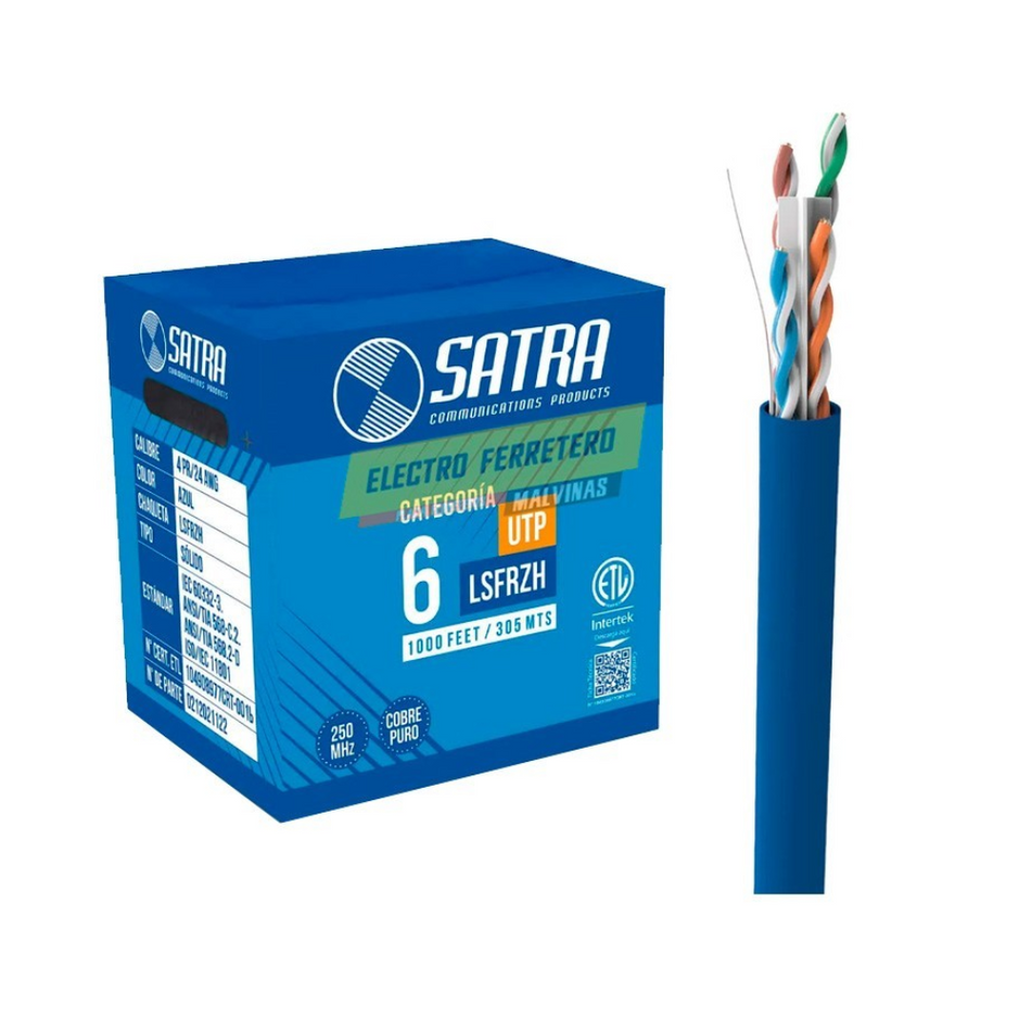 Cable UTP Categoria 6 cobre solido LSZH-3 SATRA 0212021122 Cable de red 24awg rollo x 305m. Para uso interior. Chaqueta azul.