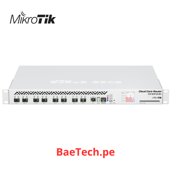 MIKROTIK CCR1072-1G-8S+ - CLOUD CORE ROUTER CPU Tilera Tile-Gx72 (72- núcleos, 1 GHz por núcleo), 16 GB de RAM, jaula 8xSFP+, 1xGbit LAN, RouterOS L6 1RU